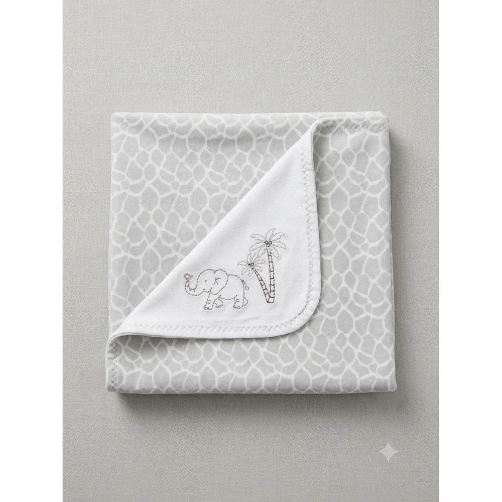Just Born Animal Kingdom Reversible Baby Blanket Gray White Elephant Embroidery